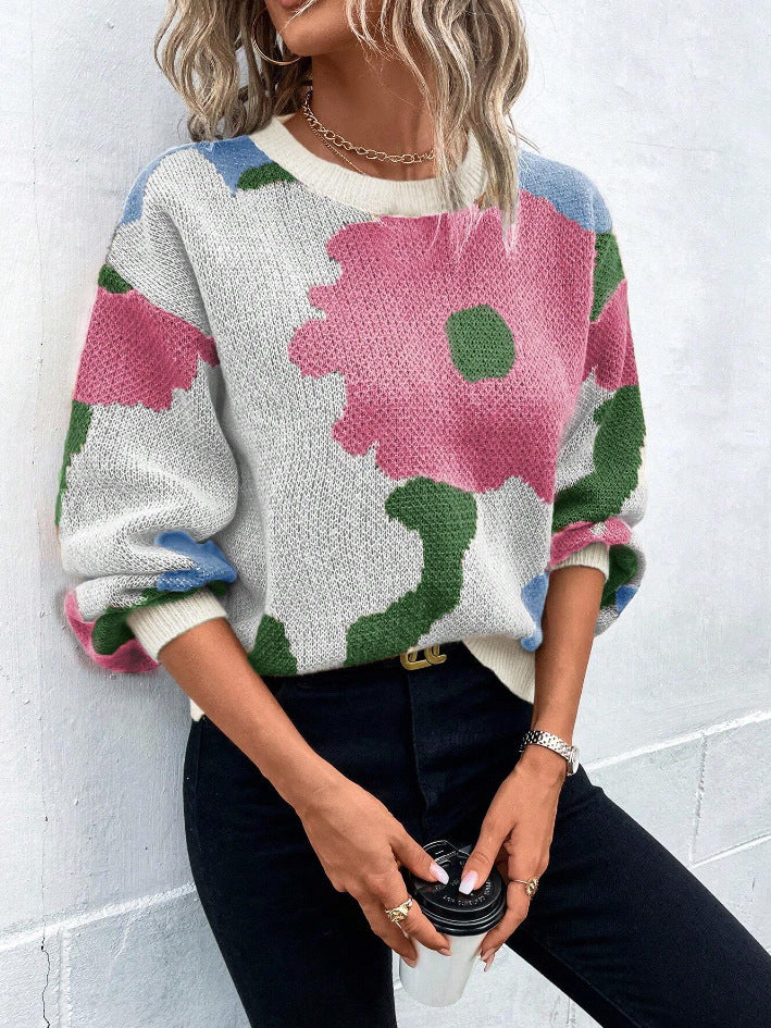 Gratienne | Pull en maille à grande fleur graphique