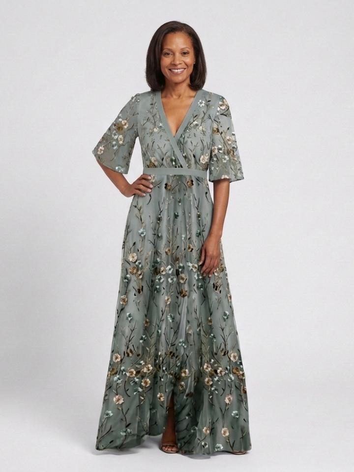 Evadne | Robe Maxi à Manches Courtes et Décolleté en V Floral