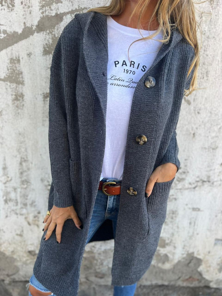 Gwenola | Cardigan long à capuche et gros boutons