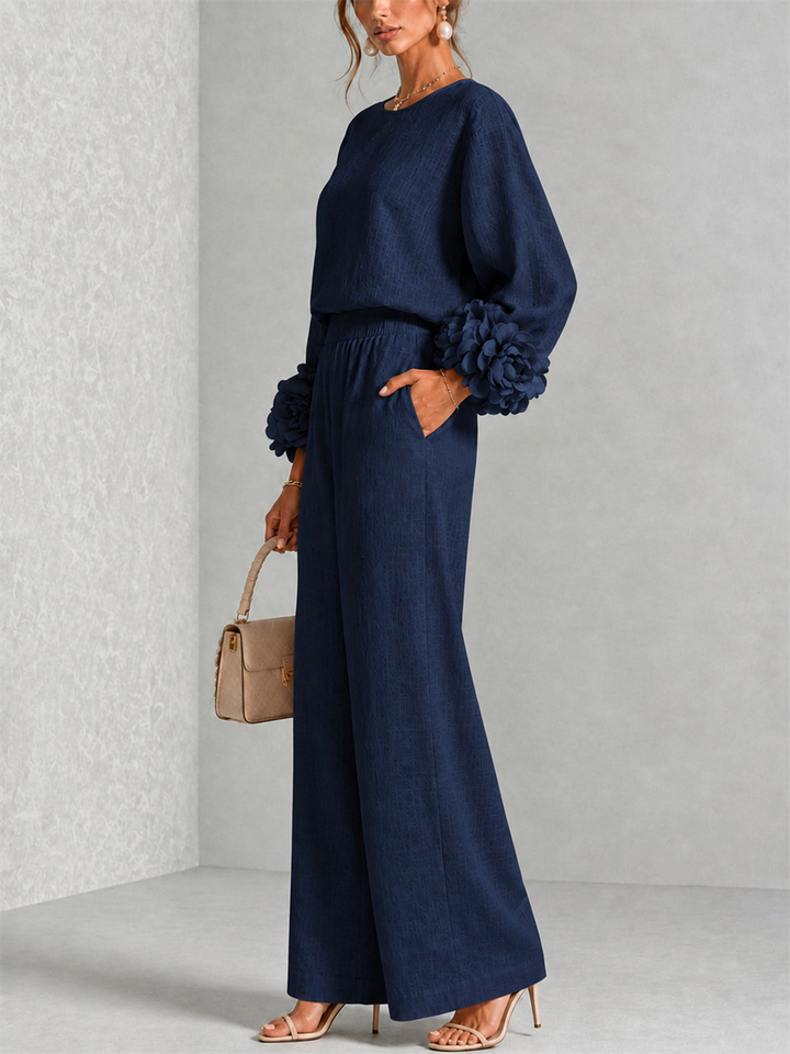 Hélianthe | Ensemble haut et pantalon large à manchettes fleuries