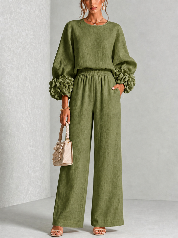 Hélianthe | Ensemble haut et pantalon large à manchettes fleuries