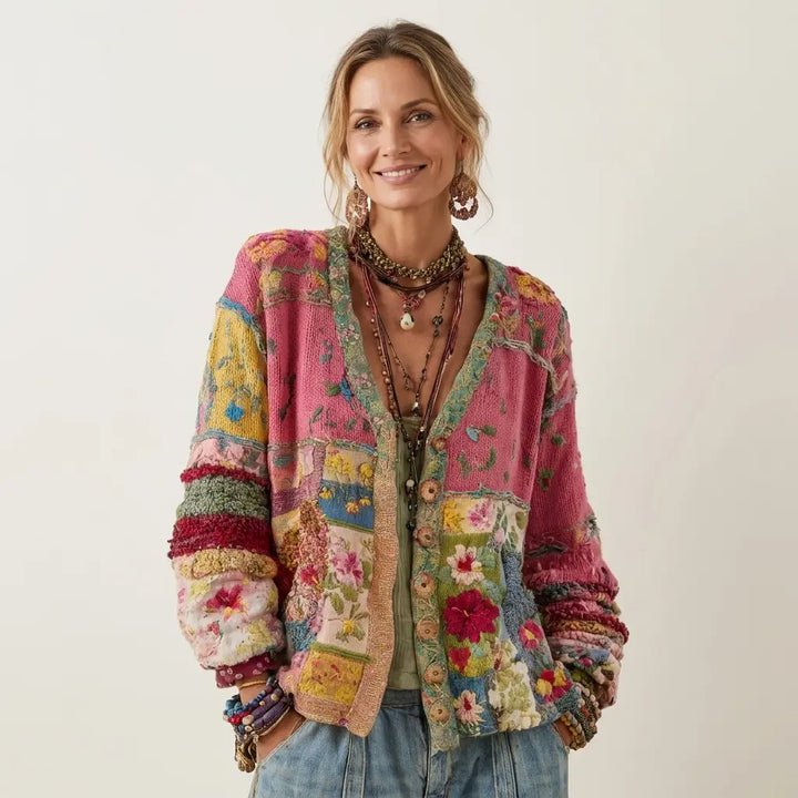 Marvelia | Cardigan en Tricot Patchwork avec Broderie Florale