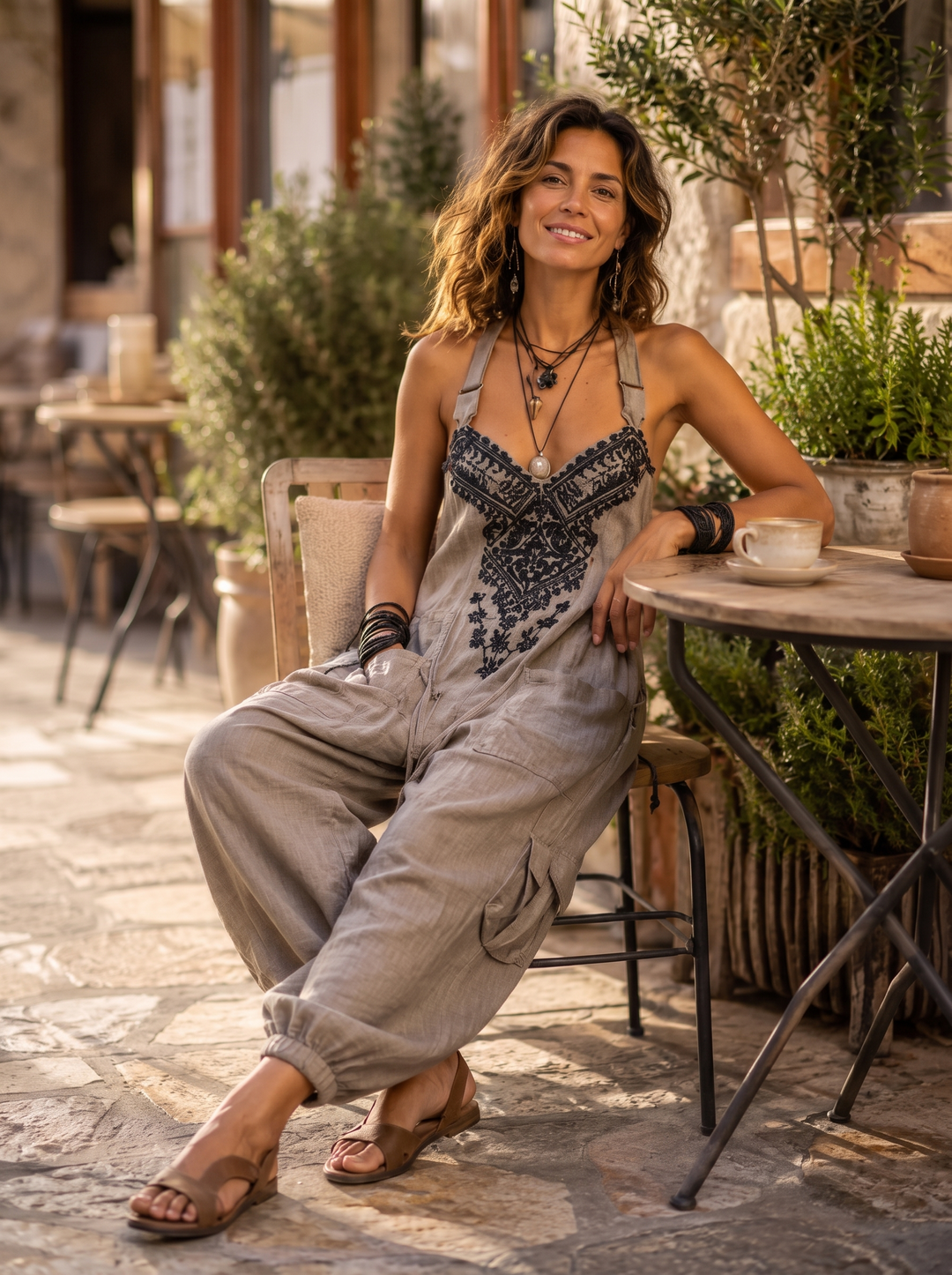 Fanny | Salopette bohème brodée à poches à rabat