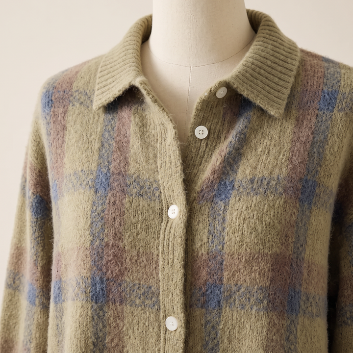 Gwenaëlle | Cardigan en maille à carreaux vert sauge
