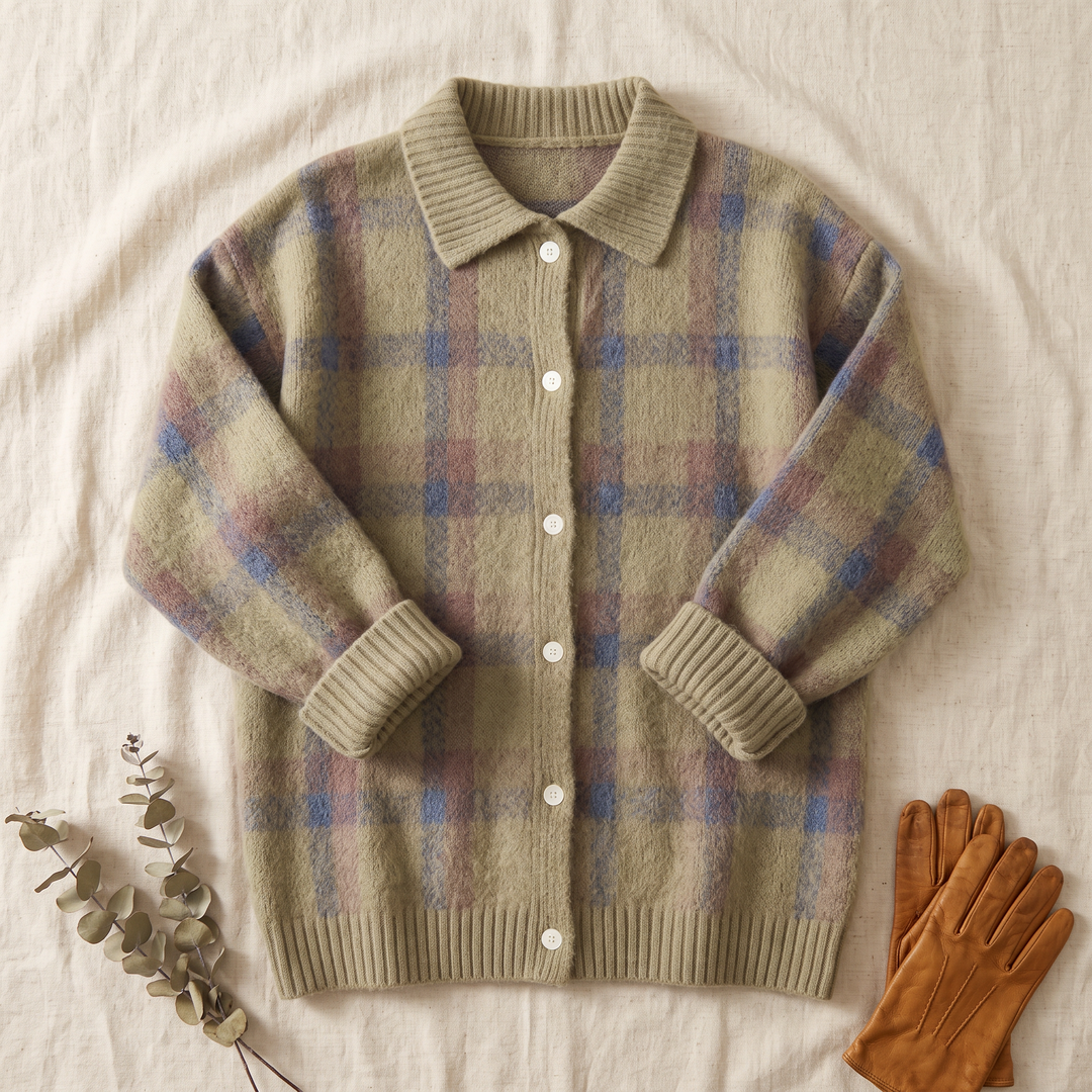 Gwenaëlle | Cardigan en maille à carreaux vert sauge
