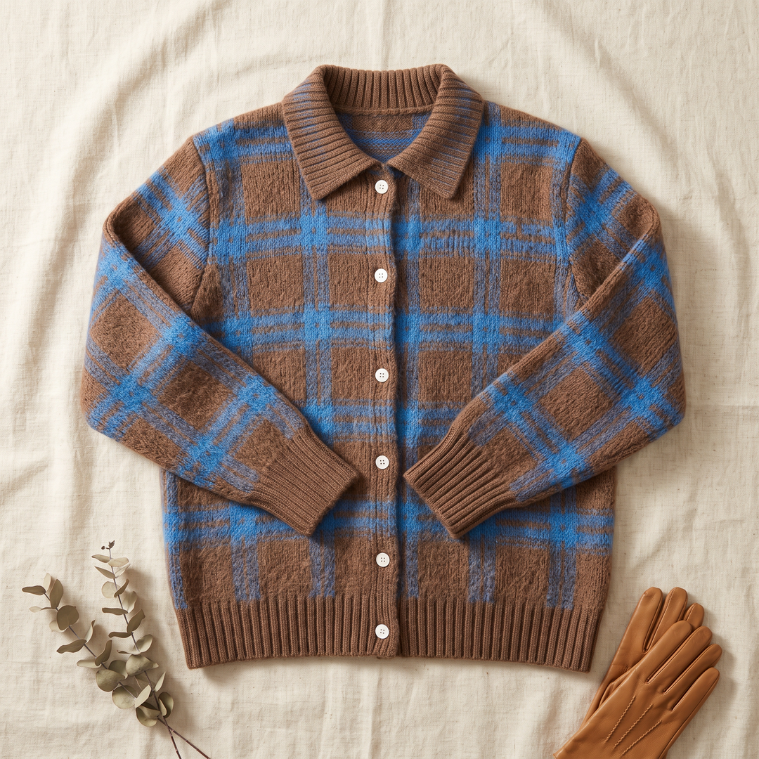 Jacinthe | Cardigan en maille à carreaux marron chocolat
