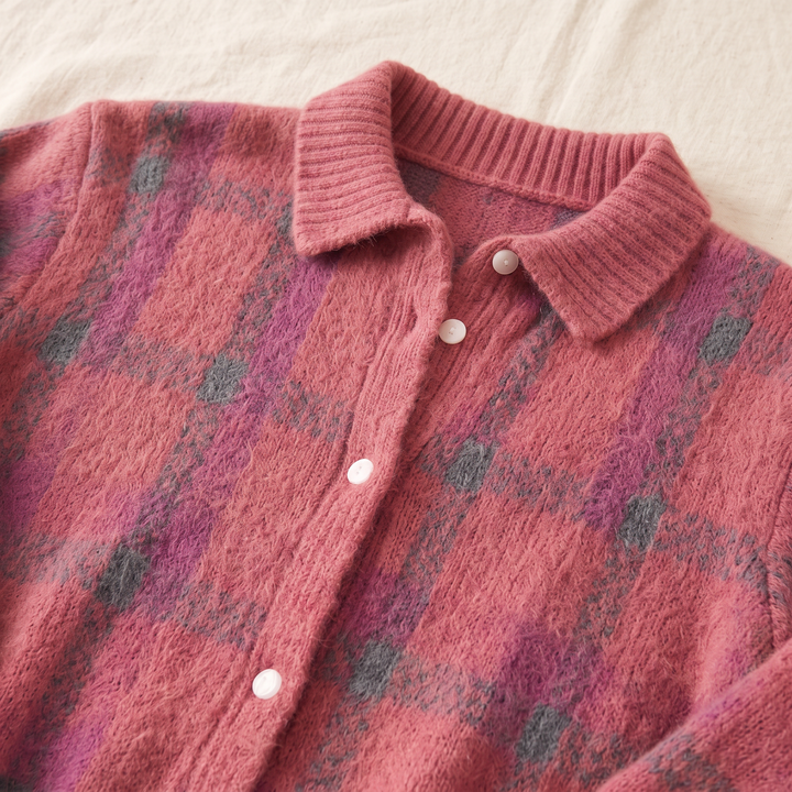 Isaure | Cardigan en maille à carreaux rose