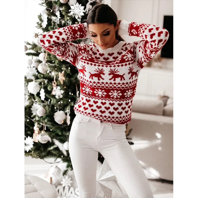 Idelette | Pull de Noël jacquard à rennes et cœurs