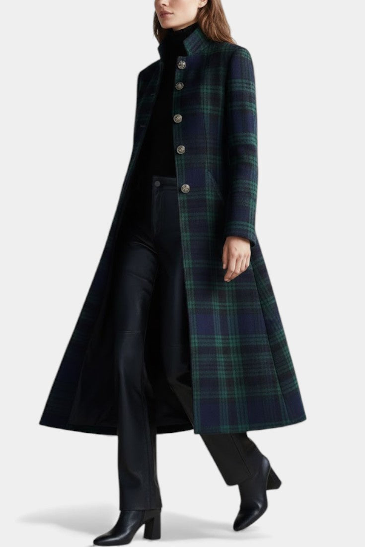 Esther | Manteau midi écossais à col montant