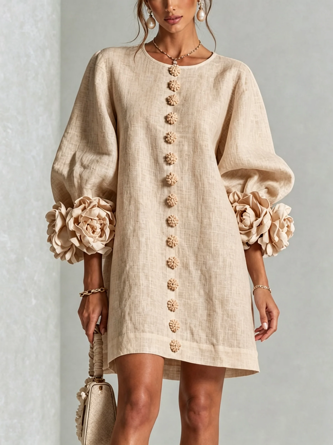 Brune | Robe courte en lin mélangé à manches bouffantes