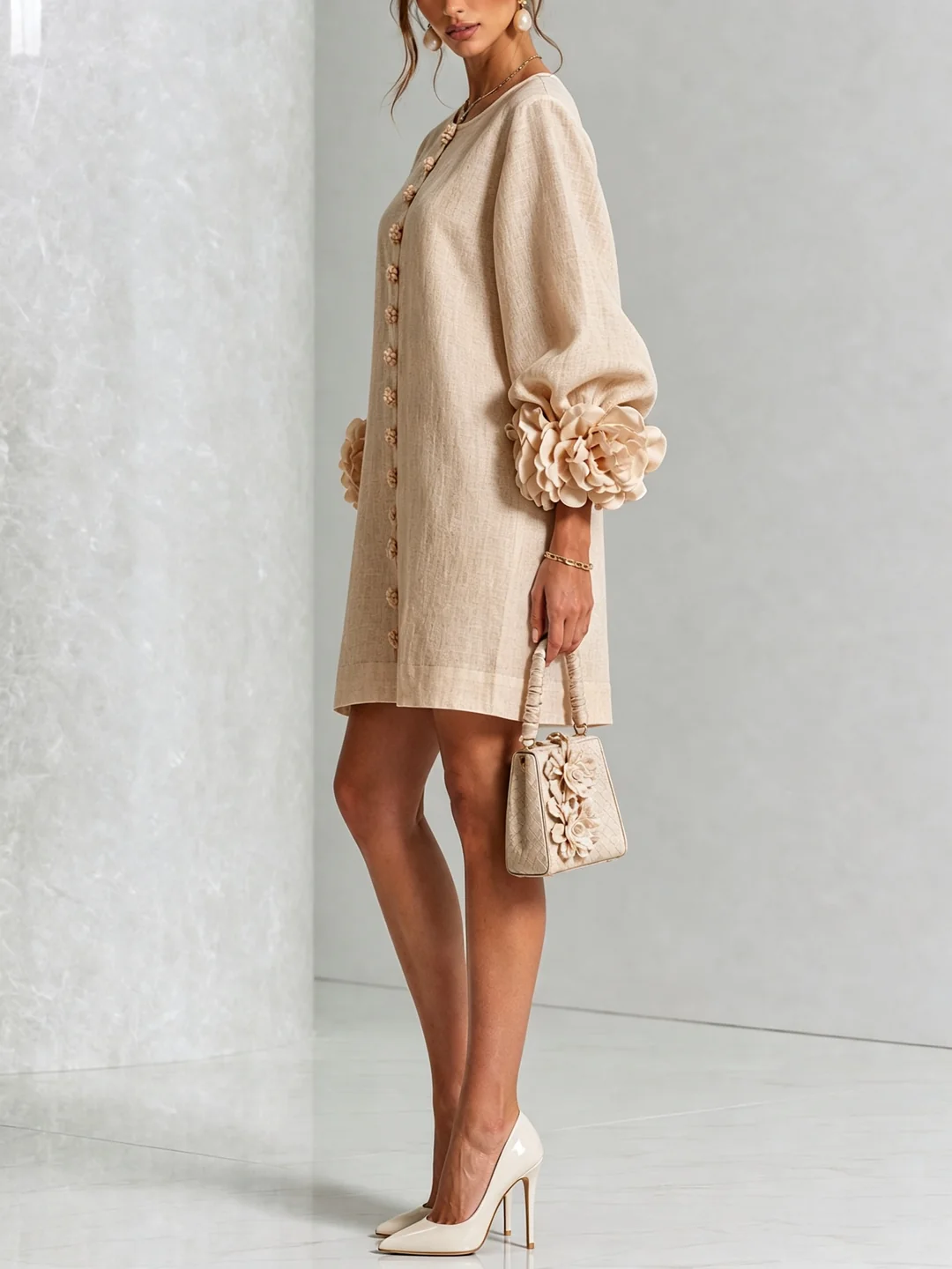 Brune | Robe courte en lin mélangé à manches bouffantes