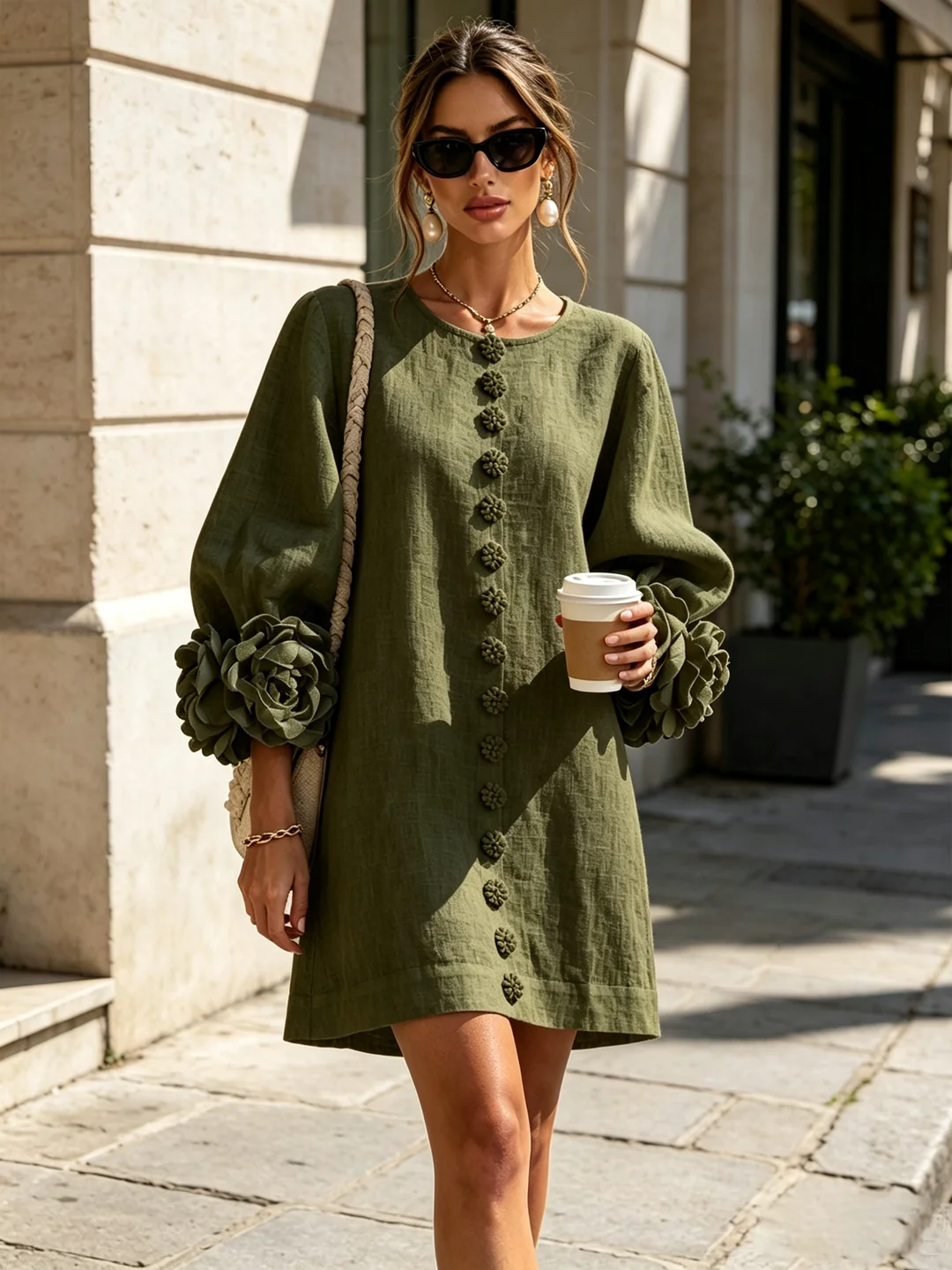 Brune | Robe courte en lin mélangé à manches bouffantes