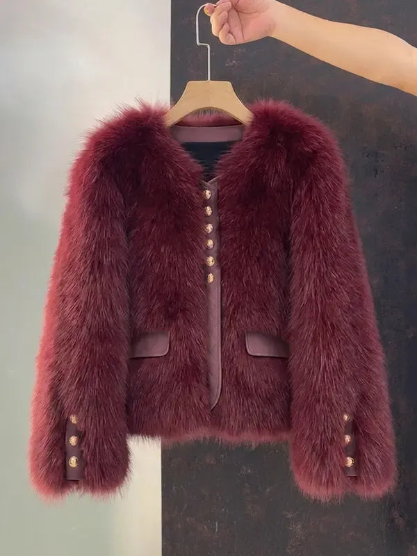 Angèle | Veste courte effet fourrure à boutons dorés