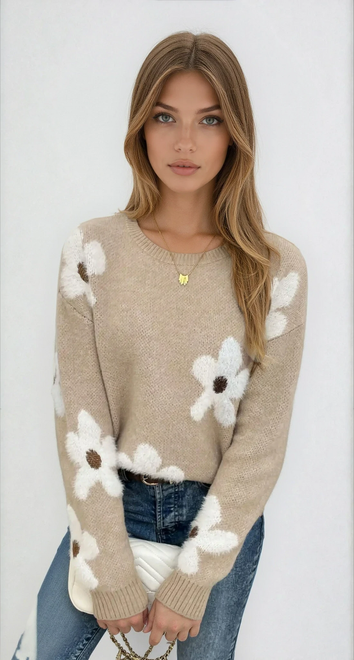 Kenza | Pull en maille à fleurs blanches