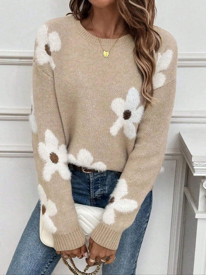 Kenza | Pull en maille à fleurs blanches
