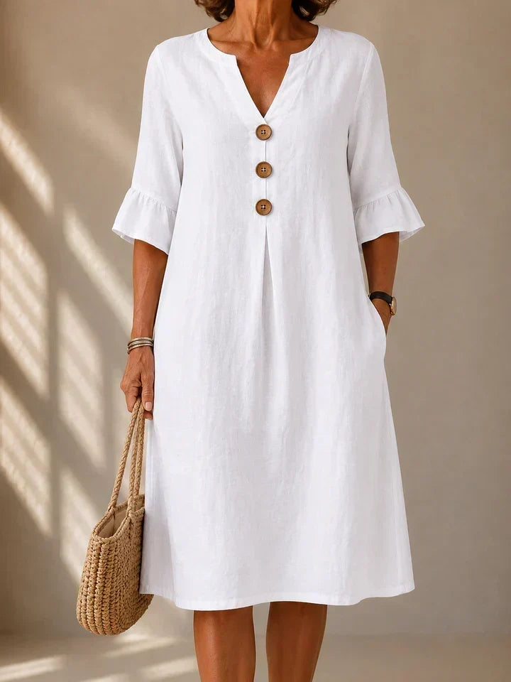 Lina | Robe fluide en coton et lin à boutons et pli creux