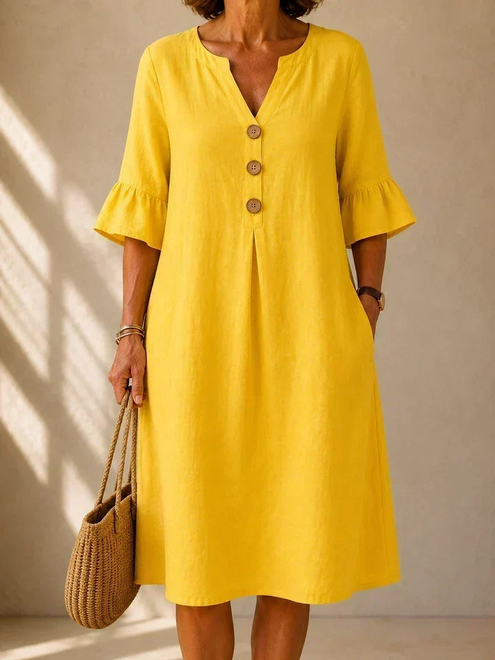 Lina | Robe fluide en coton et lin à boutons et pli creux