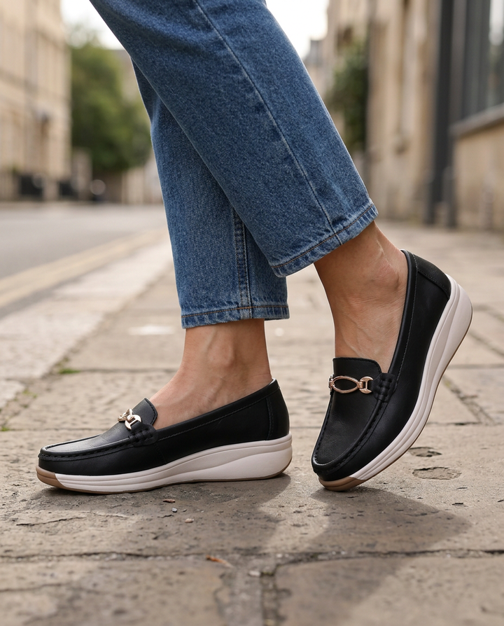 Mélodie | Mocassins confort à mors doré et semelle compensée