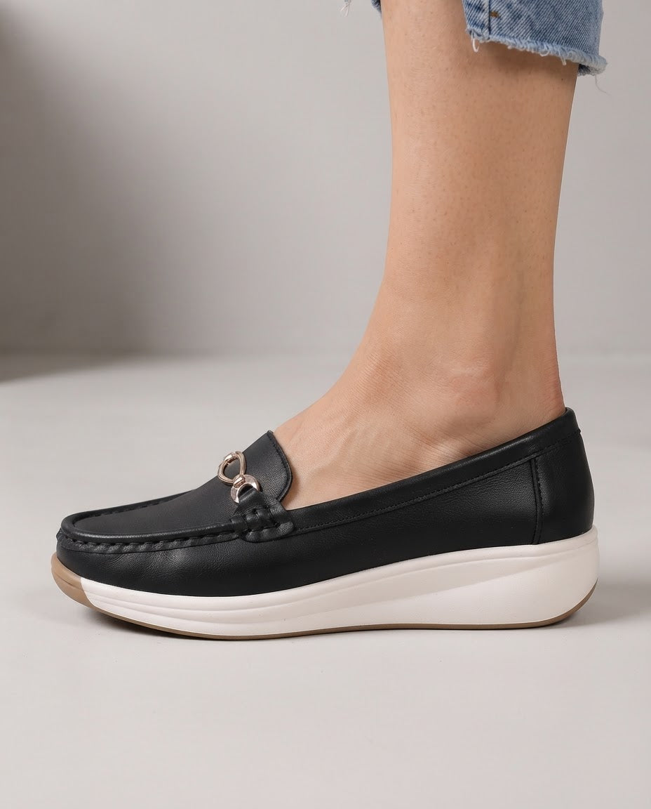 Mélodie | Mocassins confort à mors doré et semelle compensée