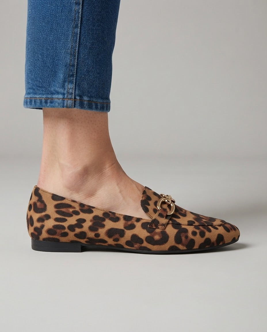 Jocelyne | Mocassins en daim léopard à mors doré