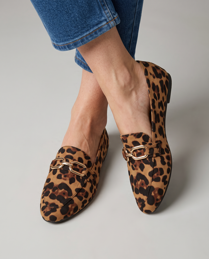 Jocelyne | Mocassins en daim léopard à mors doré