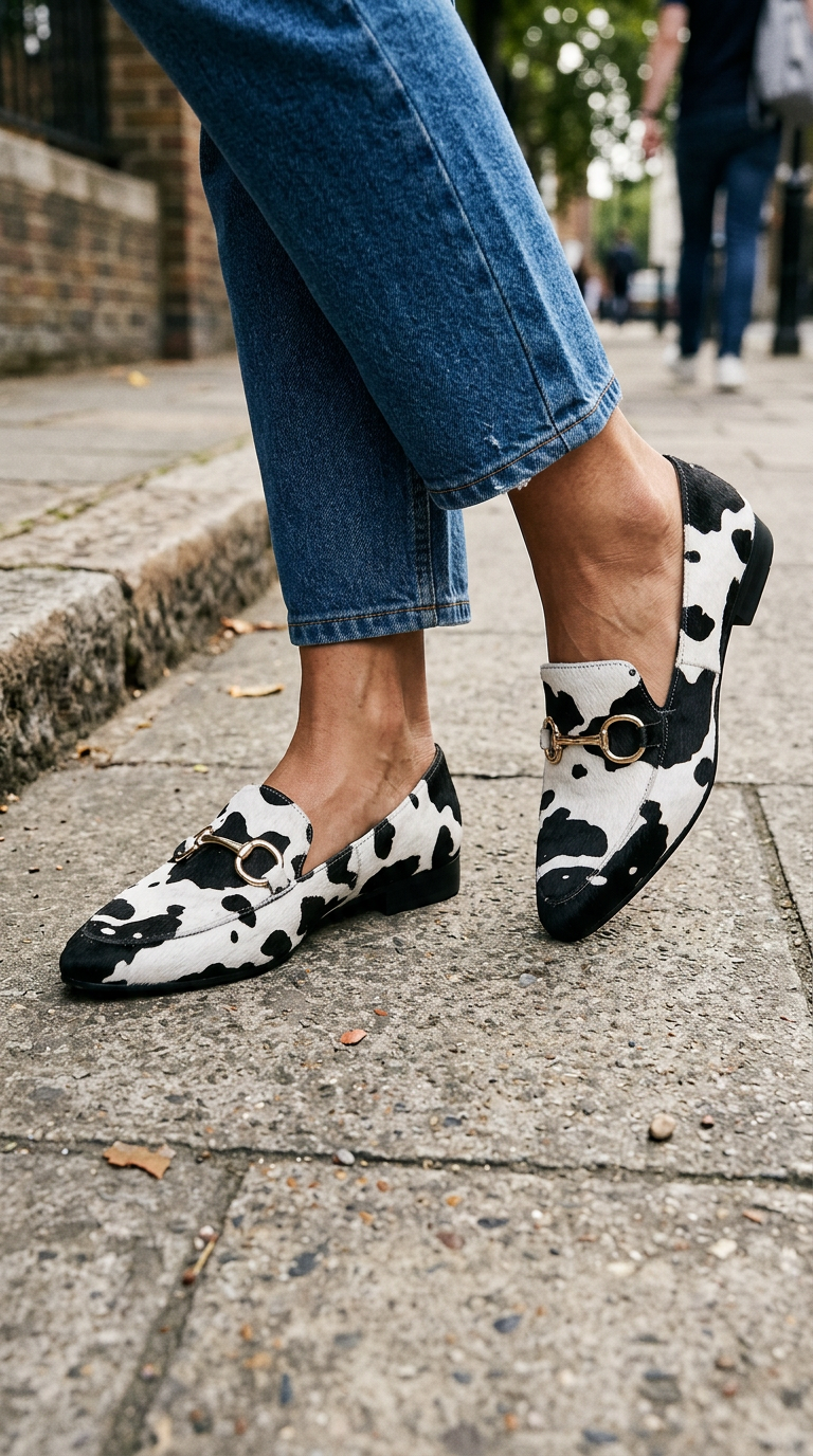 Julienne | Mocassins à poils imprimé tacheté noir et blanc