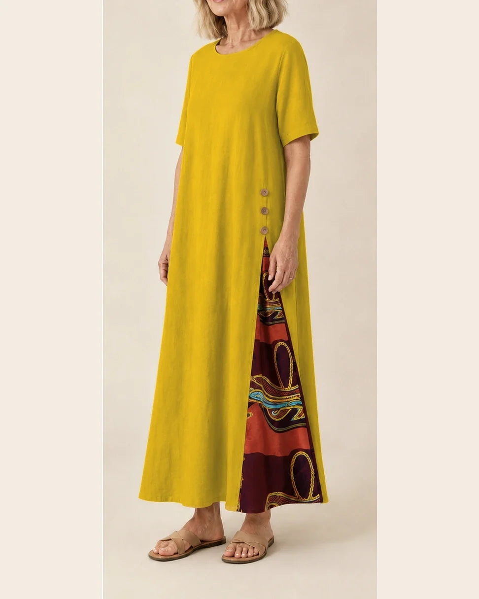 Maurene – Jaune moutarde | Robe longue décontractée effet lin