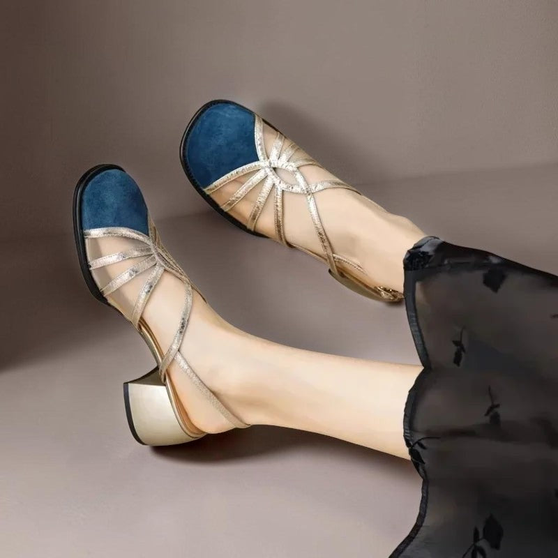 Perline | Sandales à brides dorées et bout effet daim