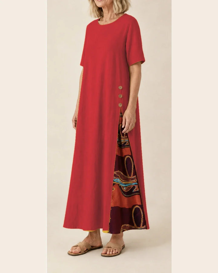 Maurene – Rouge | Robe longue décontractée effet lin