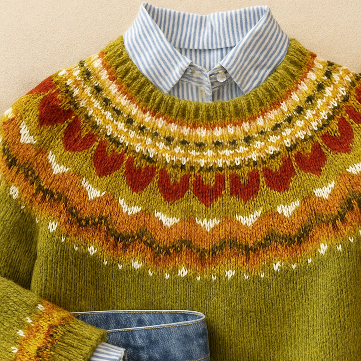 Rosaria | Pull nordique vert olive à motif tulipes